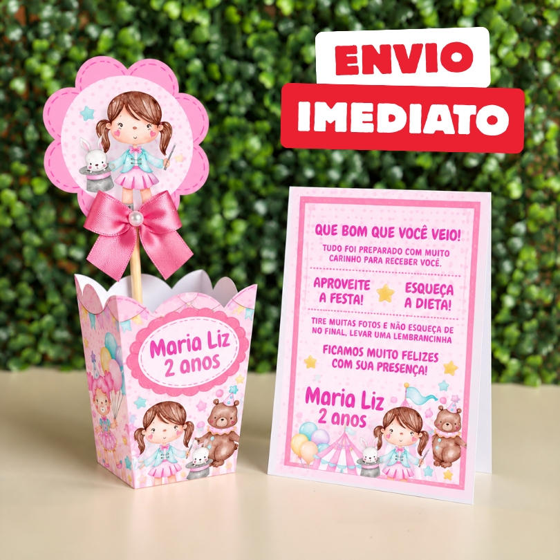 Kit Centro de mesa Circo Rosa Aquarela | Cachepô Personalizado | Enfeite Plaquinha Decoração Festa