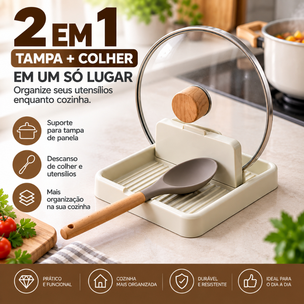 Suporte Tampa de Panela e Descanso de Colher 2 em 1 | Organize os Utensílios Enquanto Cozinha