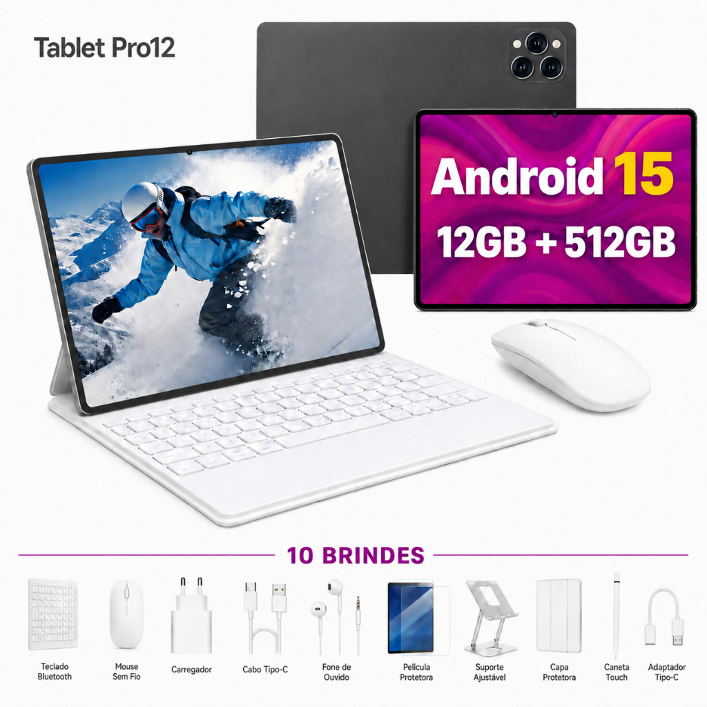 Tablet Pro12 5G Android 15 11.6 Polegadas 12GB RAM 512GB ROM Com Teclado Mouse Caneta Tablet Profissional Completo