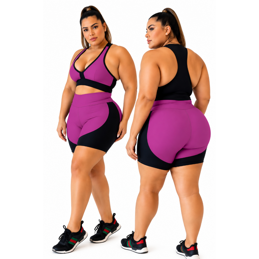 Conjunto Plus Size Top Fitness Feminino Short Fitness Cintura Alta Roupa Academia Plus Size Musculação Pilates REF756