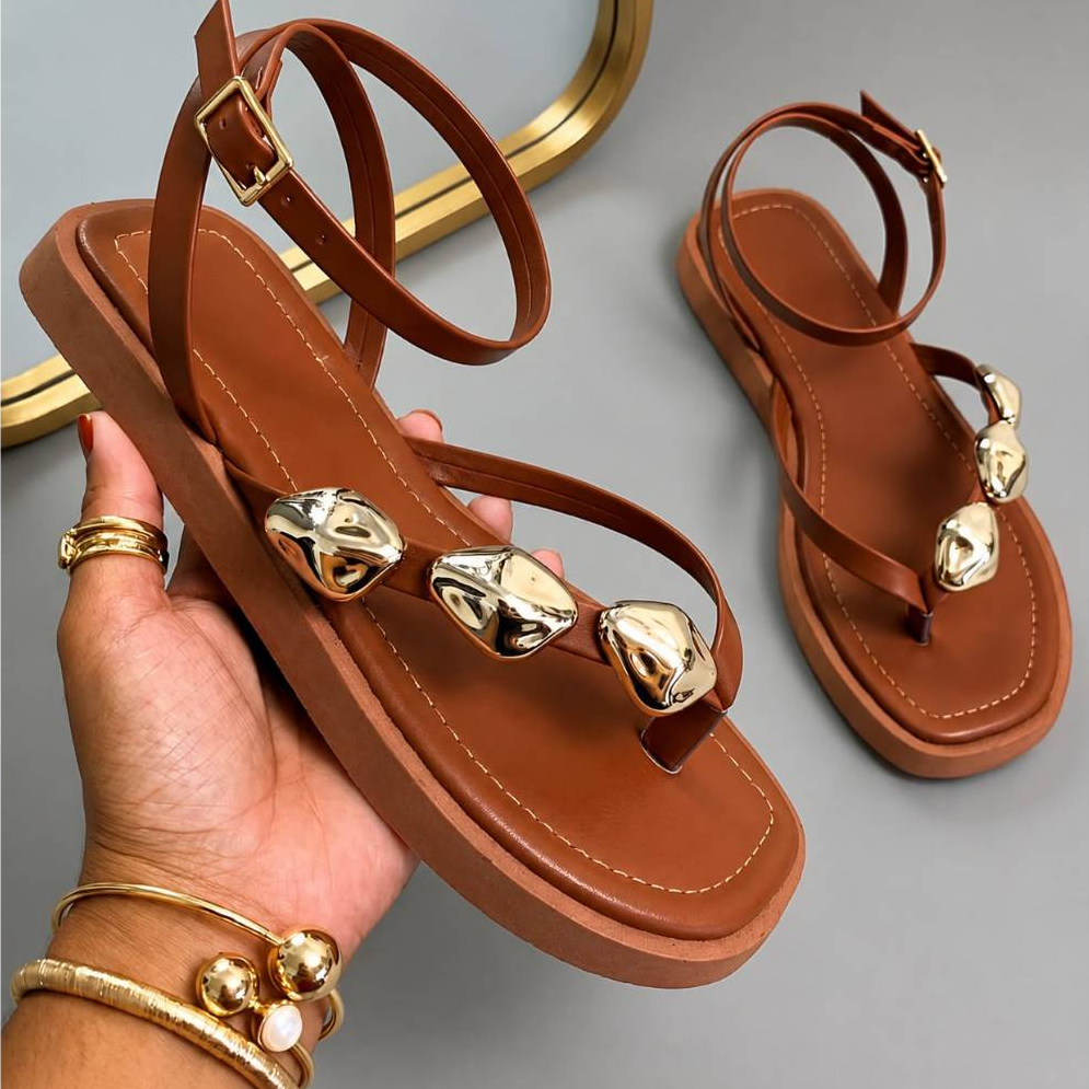 Sandália/Rasteira Tamanco Flat Feminina Tiras Finas Confortável Casual Elegante Ajustável