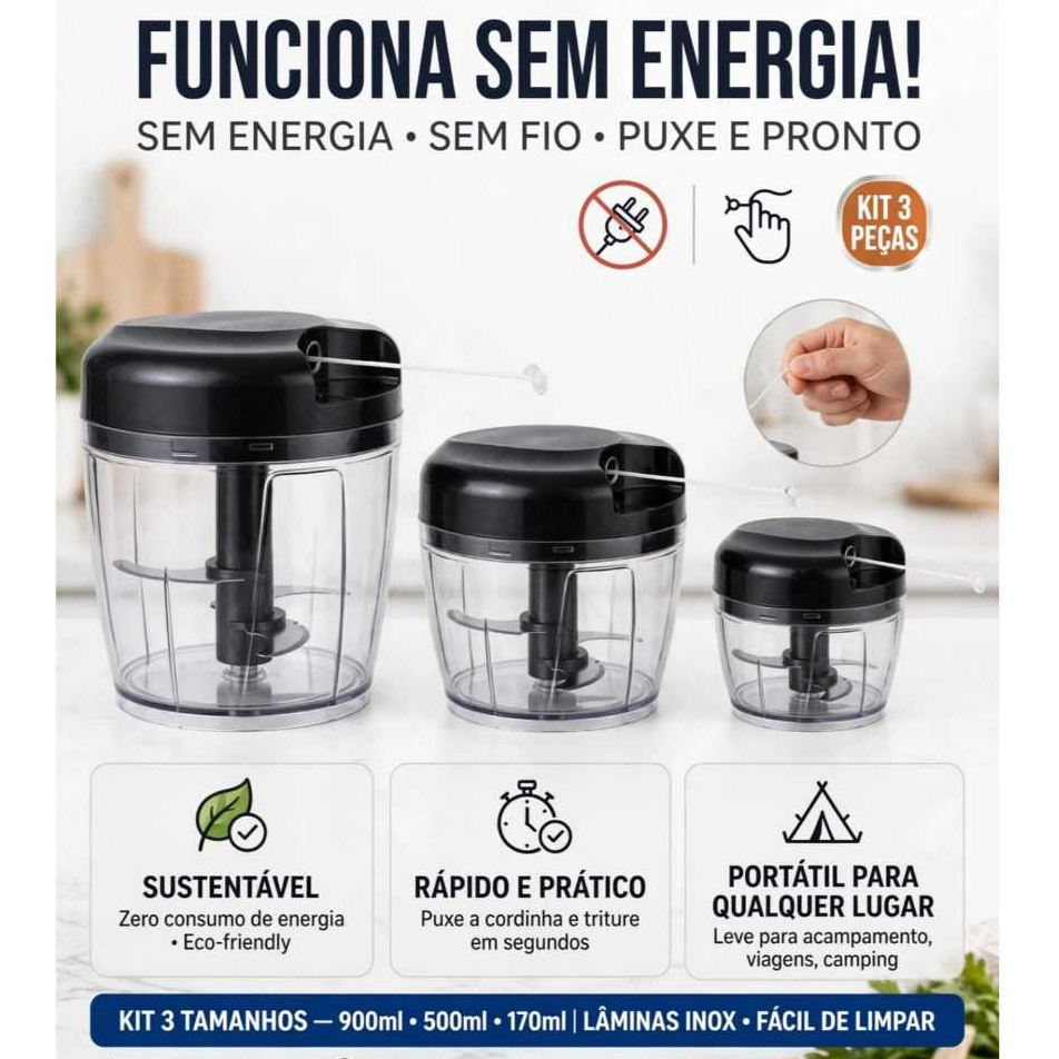 Kit 3 Processador Triturador Manual de Alimentos 900ml 500ml 170ml 12 em 1 C/ 5 Lâminas