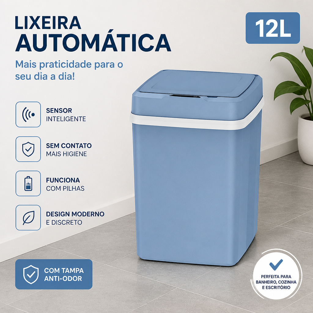 12L Lixeira Inteligente Sensor de Movimento e Toque a Bateria Anti Odor Banheiro Cozinha Escritório