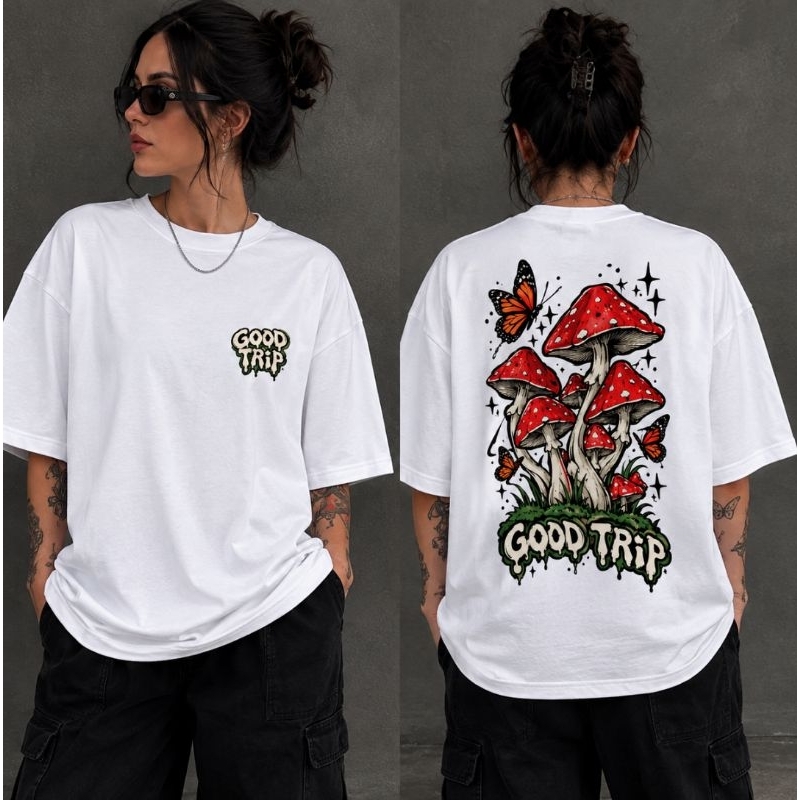 Camisa Camiseta Good Trip Streetwear Estampada unissex Algodão Urbana Casual Estilosa Cogumelo Borboleta - não oversized