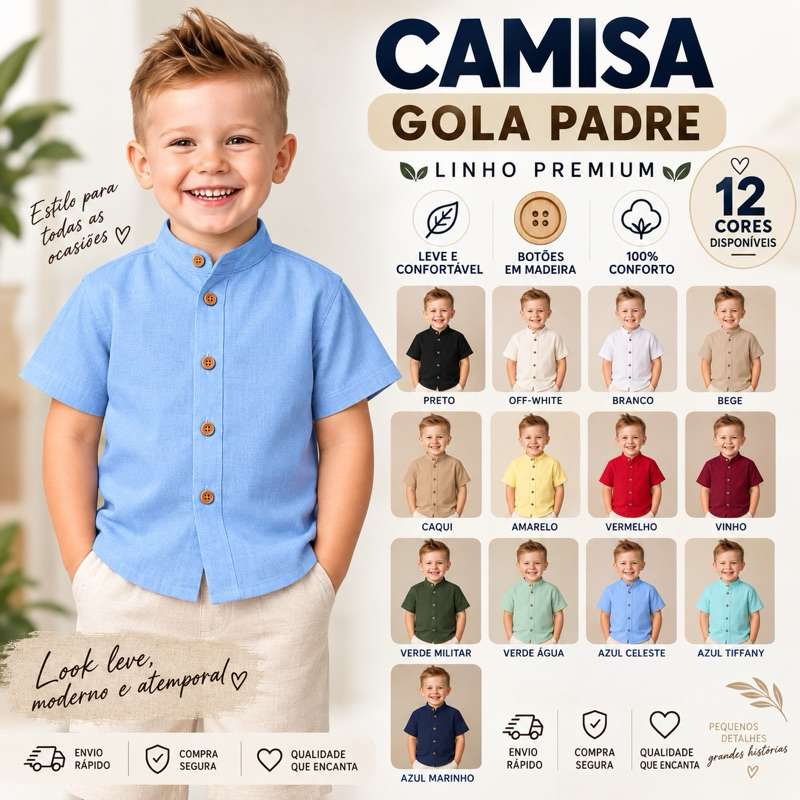 Camisa Infantil Menino GOLA PADRE Social linho PREMIUM leve | Caimento Perfeito e Design Exclusivo