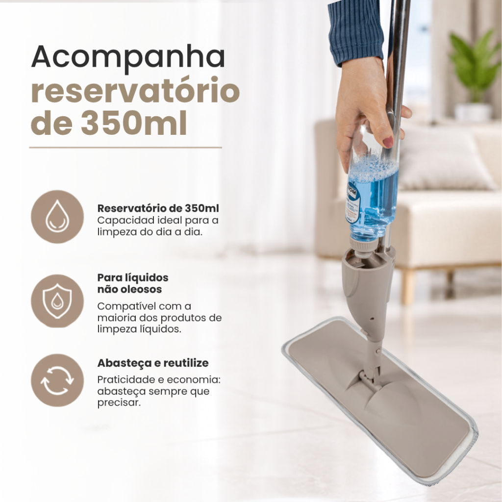 Mop Spray Gatilho com Reservatório 350ml Refil Microfibra Rodo Limpeza de Piso Borrifador 180° Vassoura Limpa e Seca — imagem 2 de 2