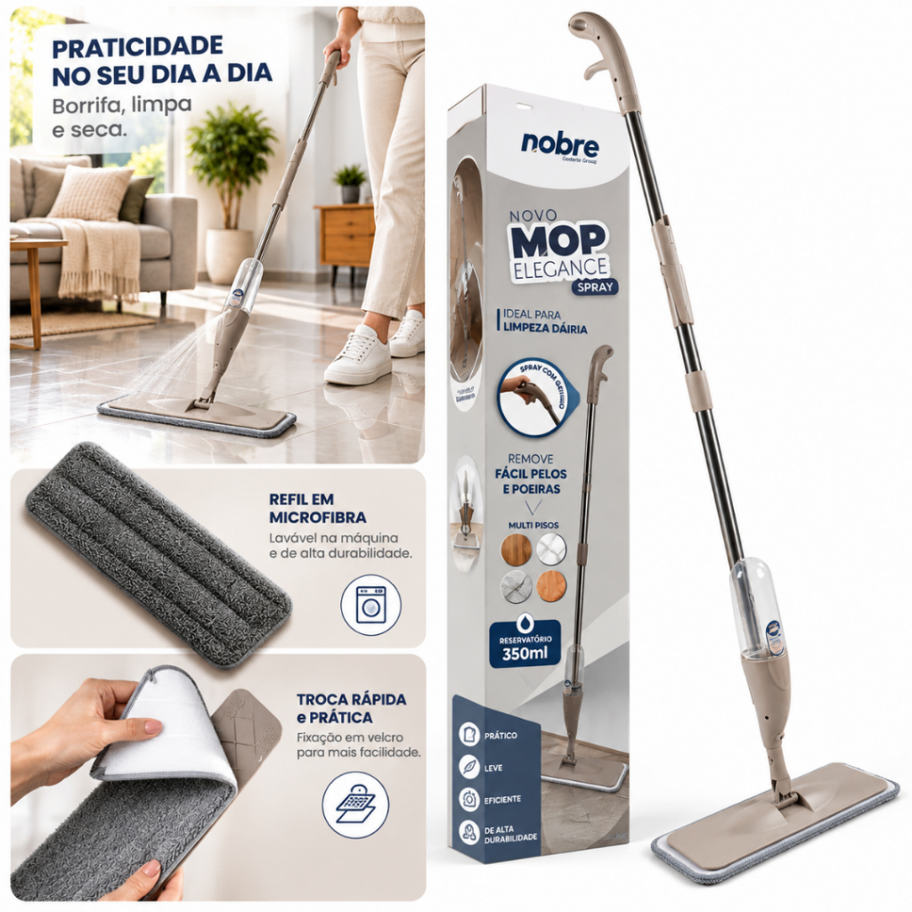 Mop Spray Gatilho com Reservatório 350ml Refil Microfibra Rodo Limpeza de Piso Borrifador 180° Vassoura Limpa e Seca
