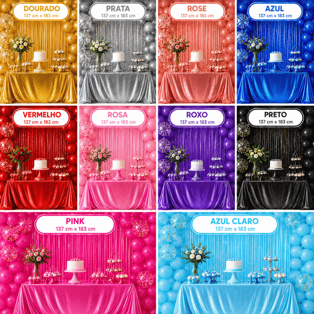 Toalha de Mesa Metalizada Brilhante 137 cm x 183cm Festa Decoração Luxo Alta Qualidade Várias Cores