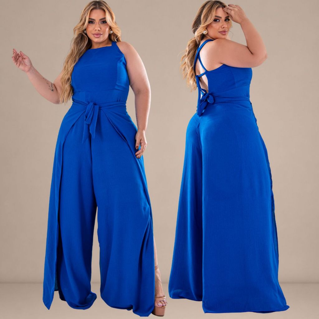 Macacão Pantalona Plus Size Longo Elegante Feminino Envelope Liso EXG Plus Size Curve 48 AO 52 Confortável Chic Casual.