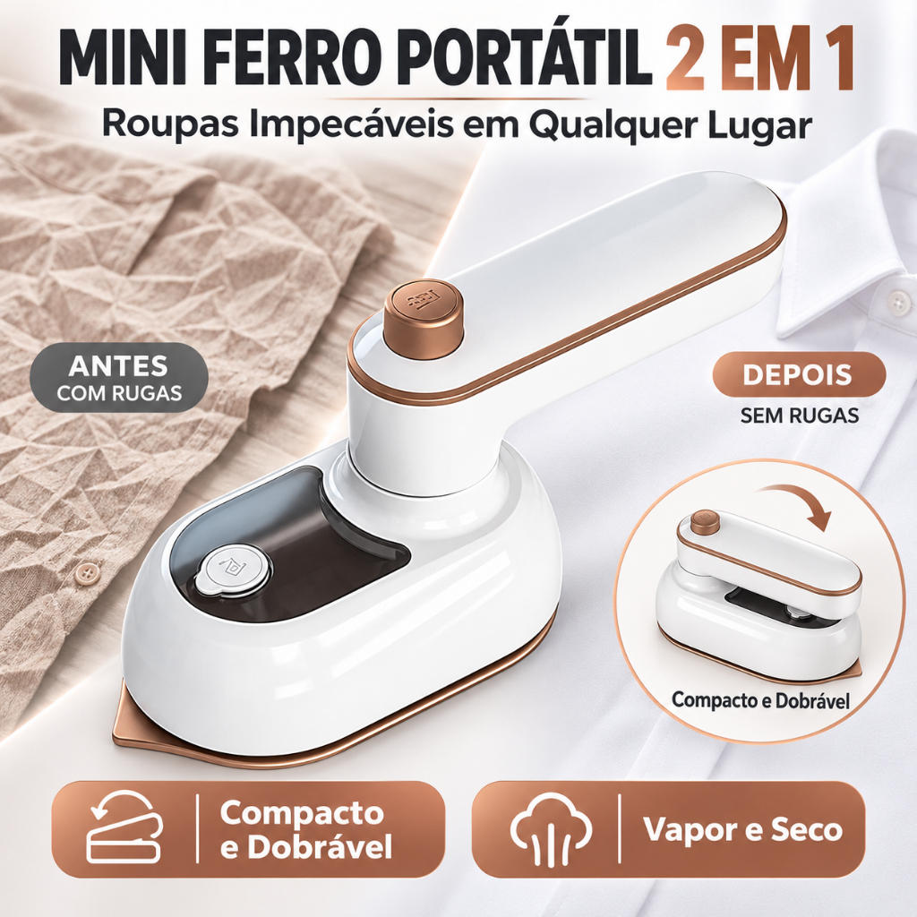 Mini Ferro de Passar Roupa Portátil 2 em 1 Vapor e Seco Viagem Bivolt Compacto Dobrável Profissional Premium
