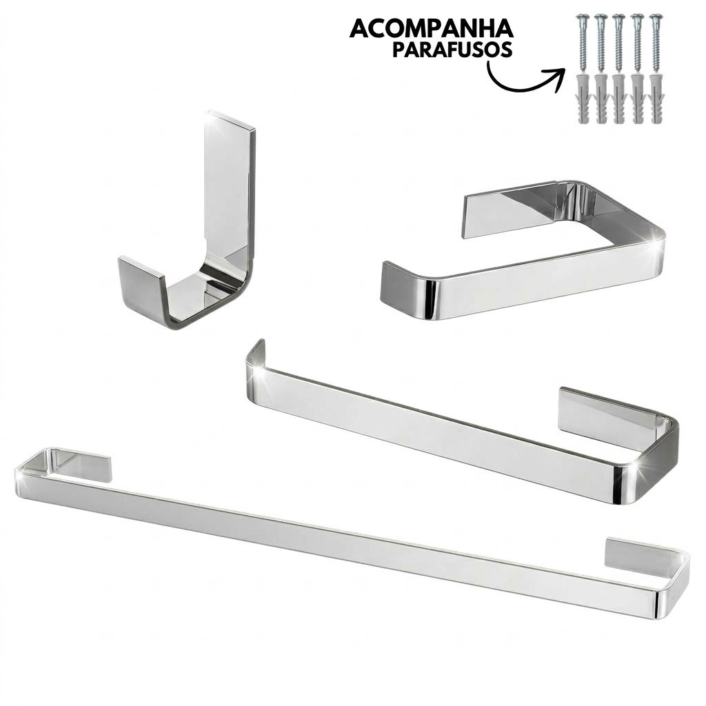 Kit Acessórios Para Banheiro 4 Peças Inox Completo Quadrado Slim Cromado
