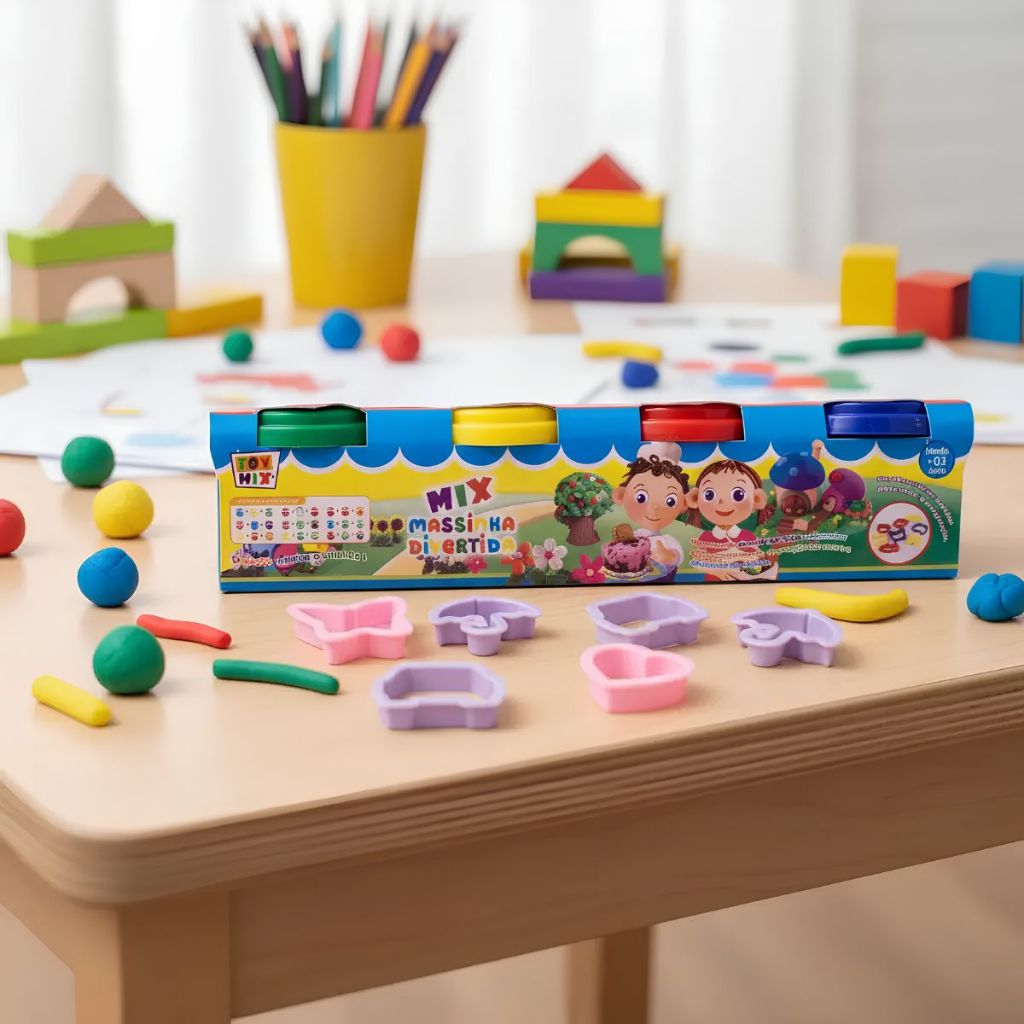Massinha Divertida Coloridas C/ Molde Pratinhos Rolo para Massinha de Modelar Brinquedo Divertido