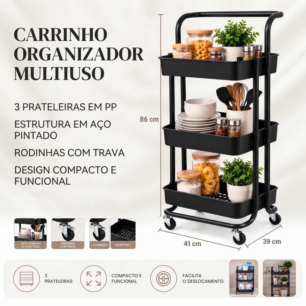 Carrinho Organizador 3 Prateleiras Rodinhas Multiuso Cozinha Banheiro Lavanderia Área de Serviço Preto