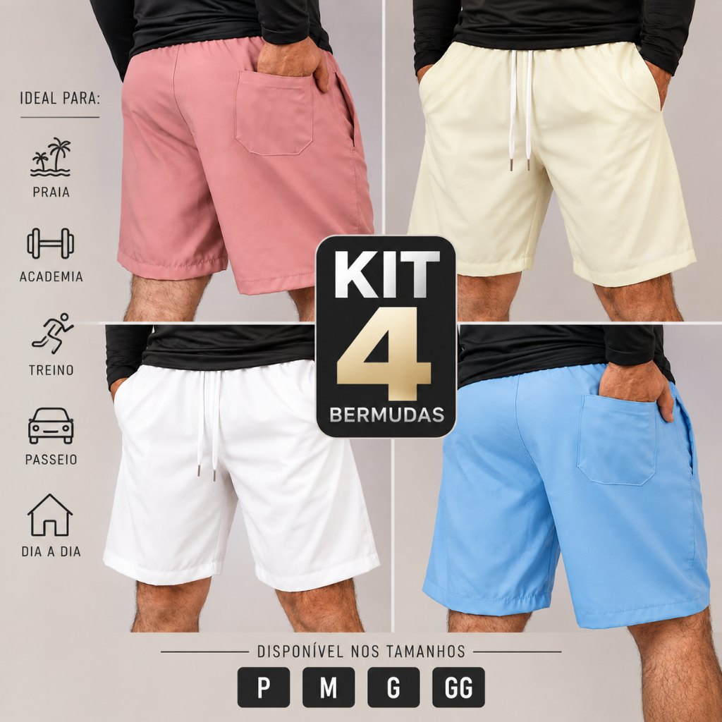 Kit 4 Bermuda Masculina Tactel Esportiva Com Elastano Academia Treino Corrida Praia Casual Bolsos Premium