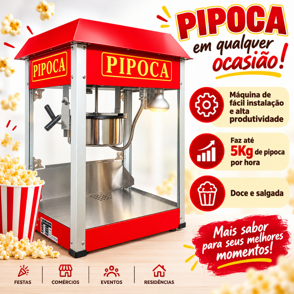 Maquina de Pipoca Pipoqueira Profissional Elétrica Grande 1400w 2Food Comercial Vintage Retrô — imagem 2 de 2