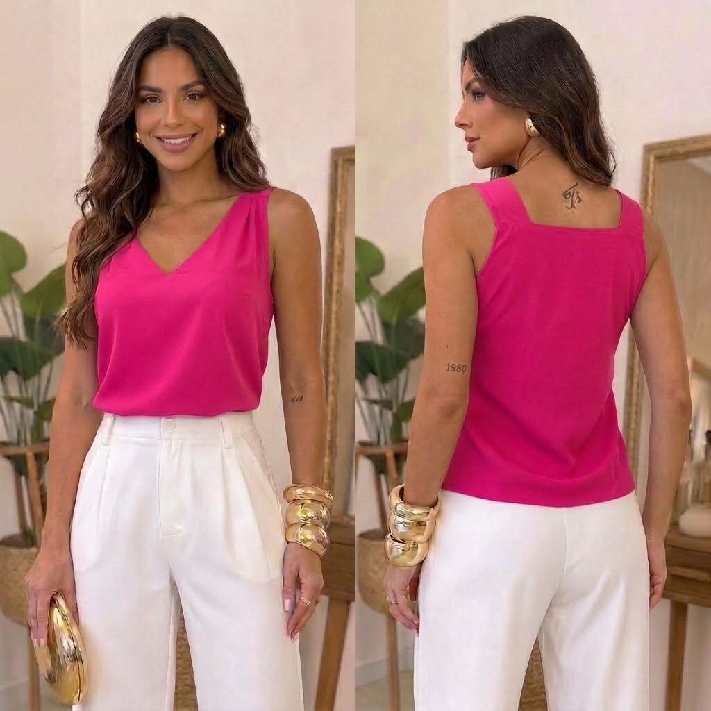 Regata Feminina Alça Larga Drapeada  Silk Span com Elastano Decote em V  Elegante Social P ao GG