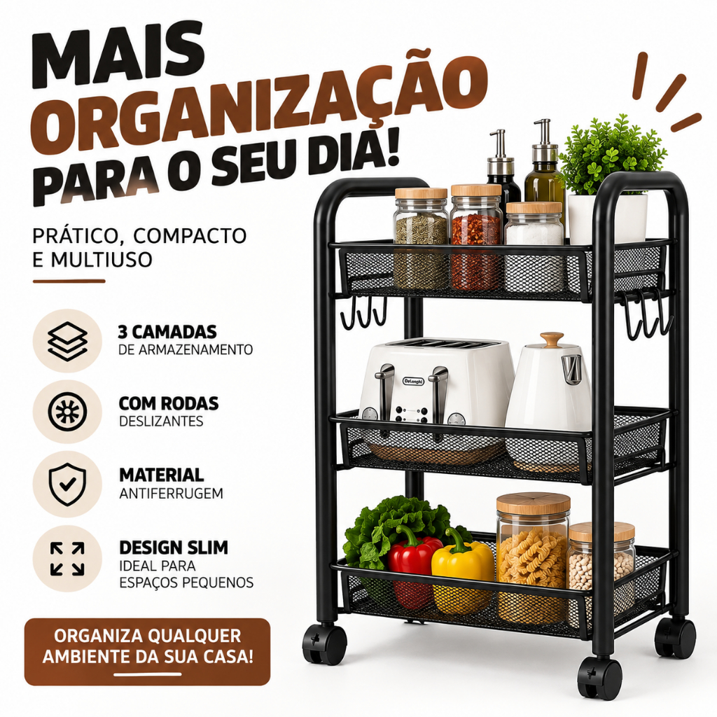 ```text Carrinho Organizador Slim 3 Andares com Rodinhas Estreito Multiuso Cozinha Banheiro Lavanderia Preto ```