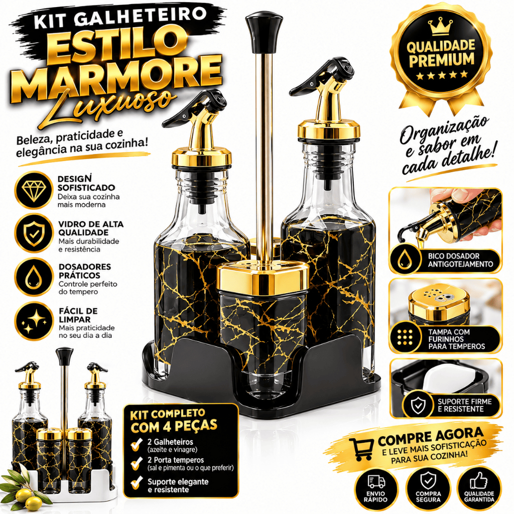 Kit Galheteiro estilo Marmore De Mesa Vidro 4 Peças Azeiteiro Pimenteiro Saleiro Vinagre Palito - Branco Mármore e preto