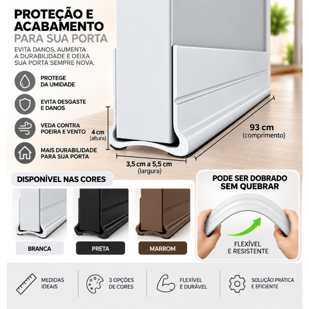 Veda Porta Autoadesivo 93cm PVC Ajustável com Feltro Anti Ruído Contra Poeira Água Insetos