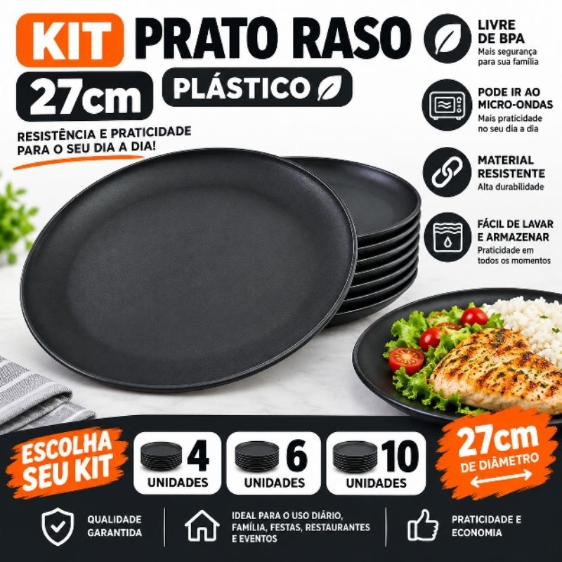 Kit Prato Raso Polipropileno 27cm BPA Free Micro-ondas 4 6 10 Unidades