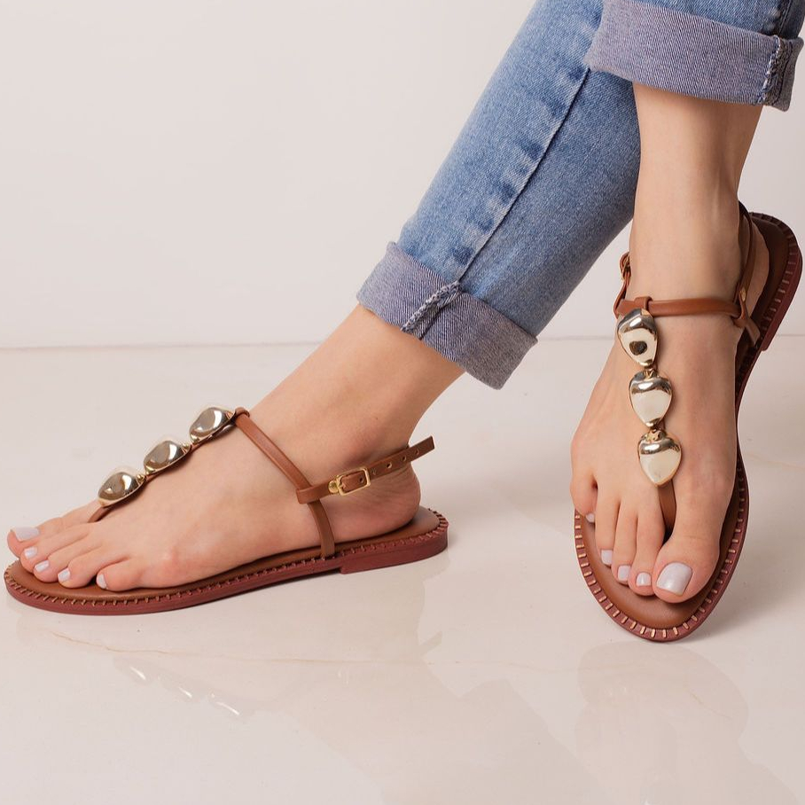 Sandalia Feminina Rasteira Pedraria Metalizado Flat Leve e Confortavel