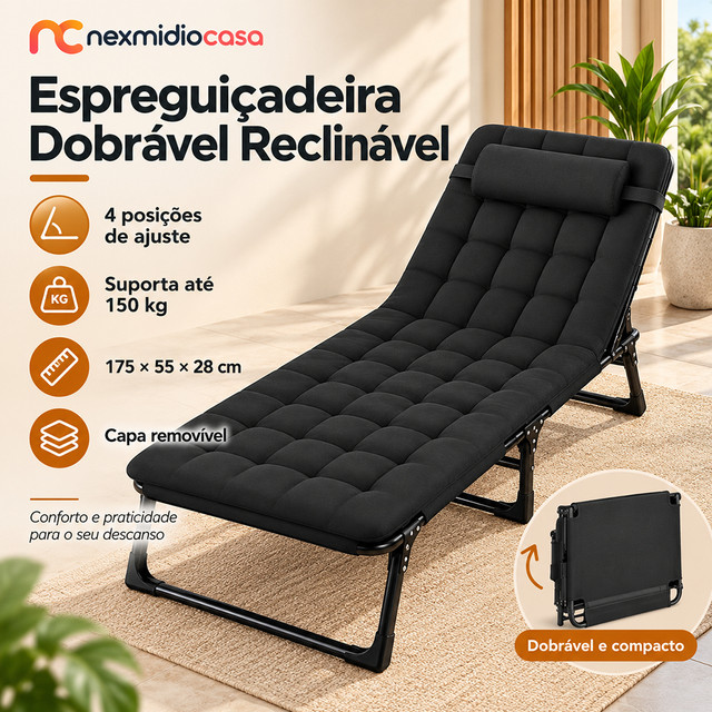 Cama Dobrável Portátil Espreguiçadeira Reclinável Cadeira Cama 4 Posições 175cm 150kg Acolchoada Camping Casa
