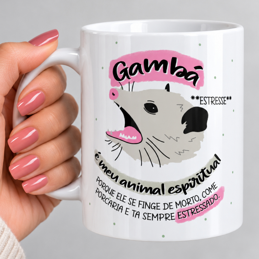 Caneca cerâmica meme animal espiritual gambá saruê