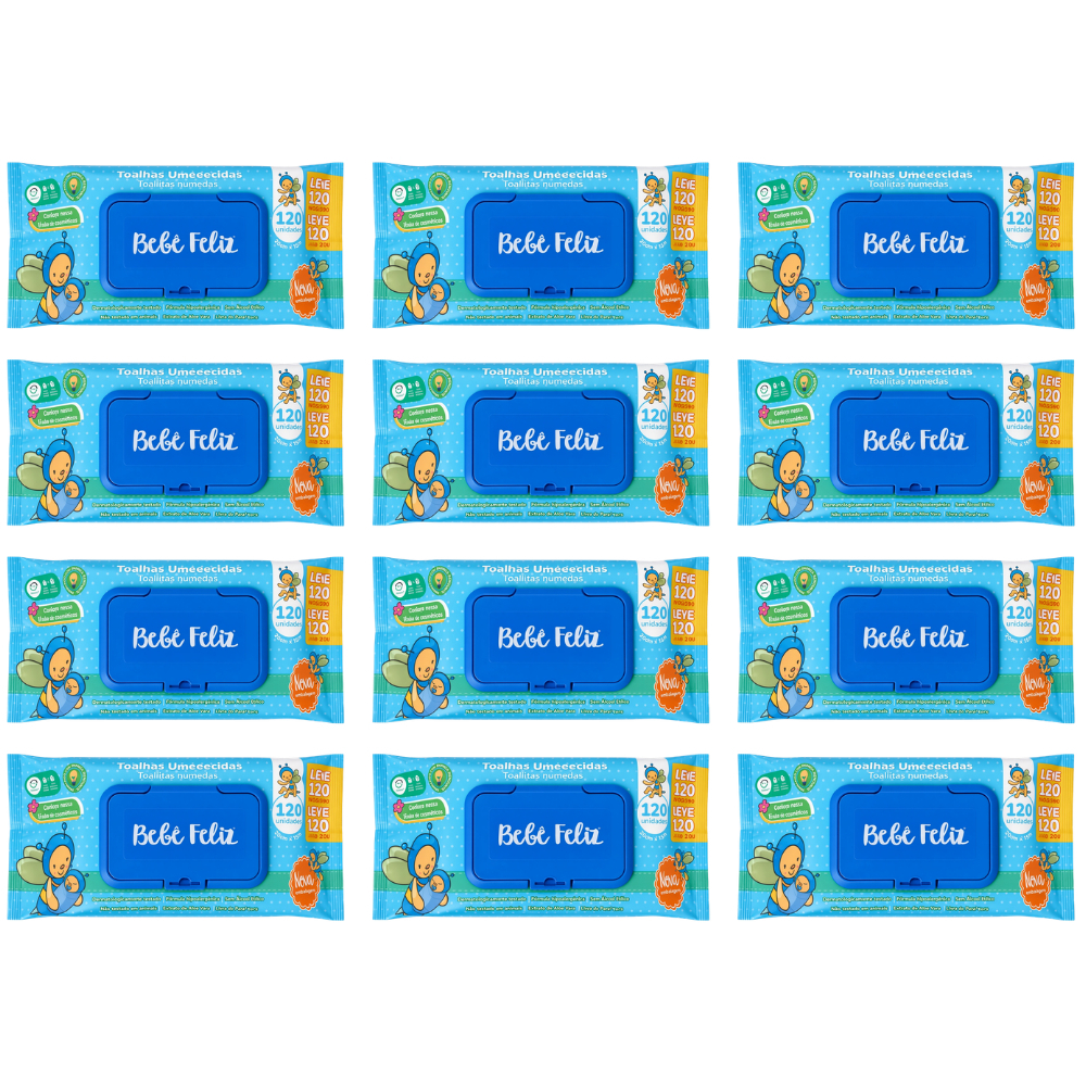 Kit 12 Toalhas Umedecidas Bebê Feliz 120 folhas Lenço Umedecido Lencinho