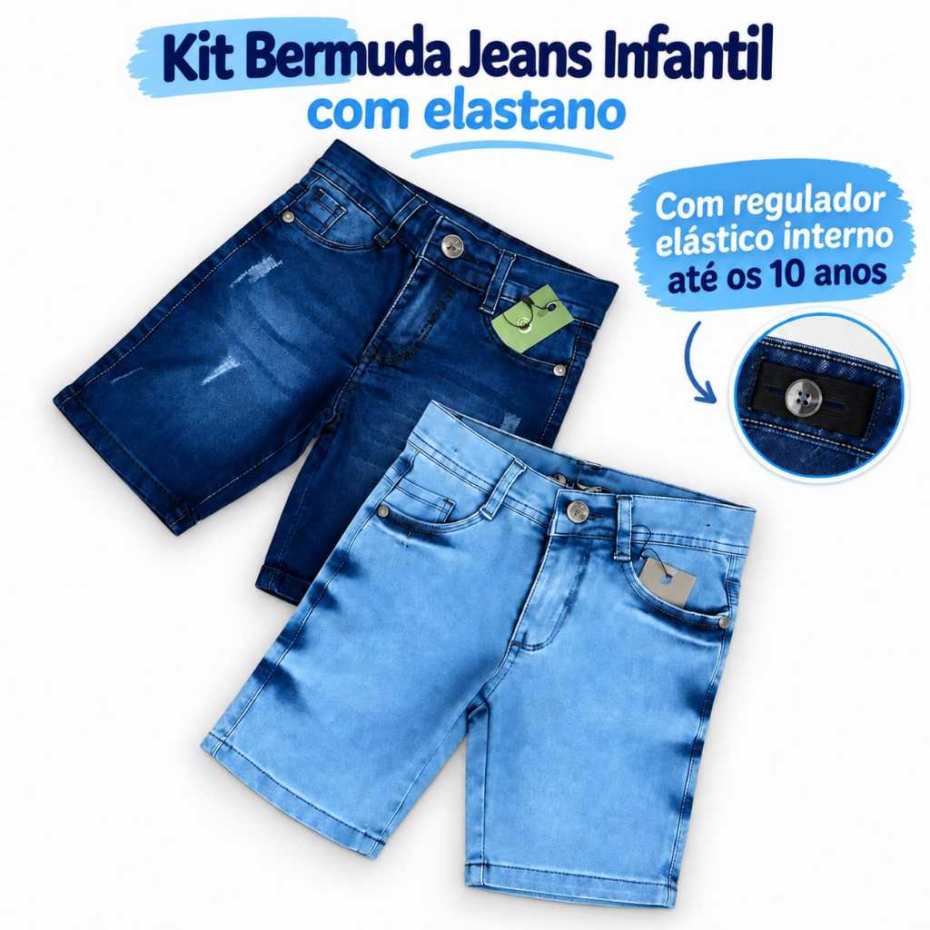 Kit 2 Short Bermuda Jeans Premium Menino Infantil Juvenil Masculino com Elastano Conforto e Estilo