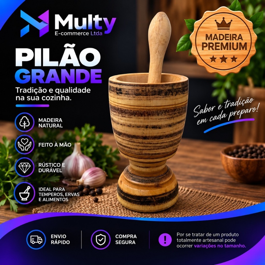 Pilão G de Madeira 20cm – Acompanha Socador. Ideal para temperos e receitas artesanais!