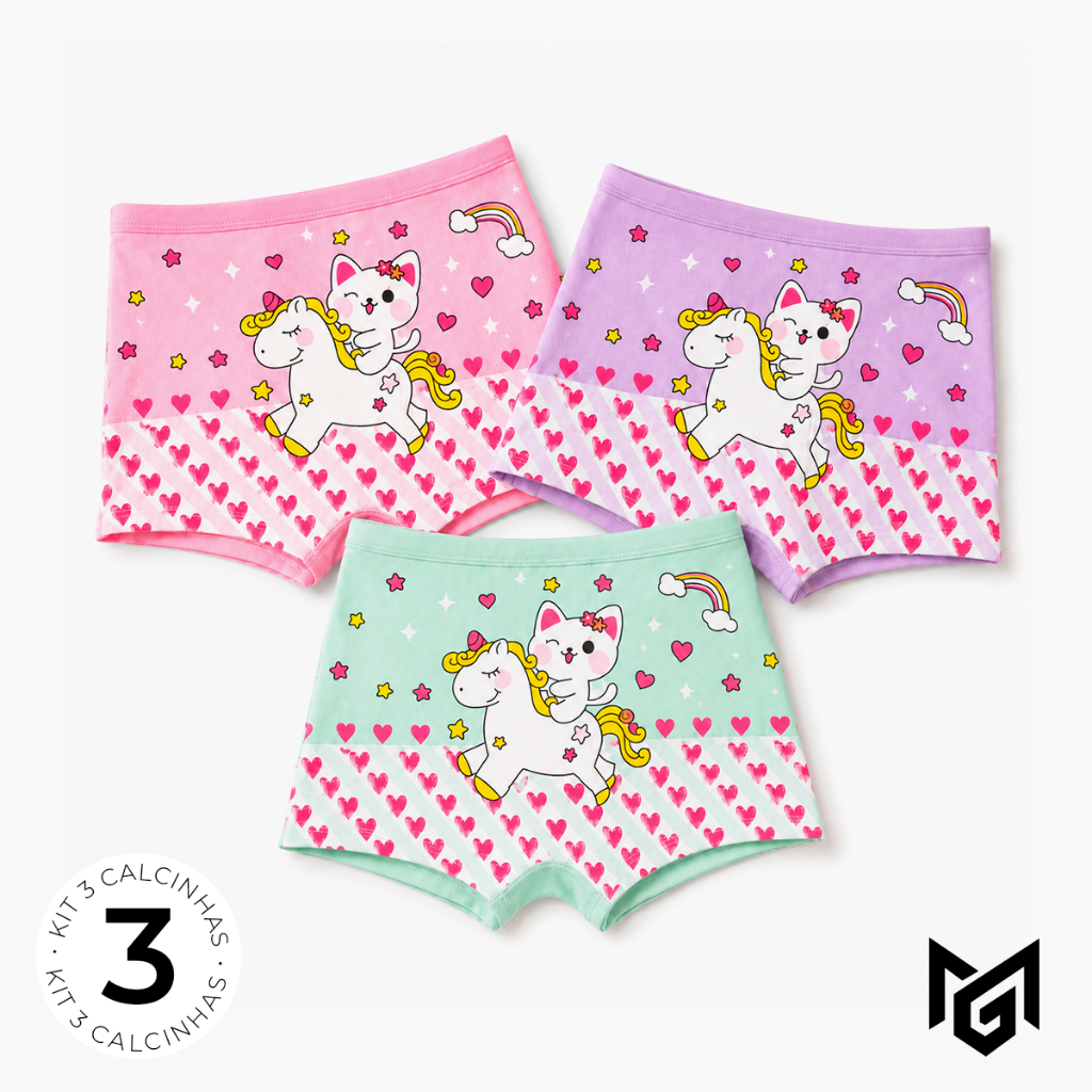 Kit 3 Calcinhas Boxer Infantil Juvenil Shortinho Feminina 100% Algodão Tecido Confortável