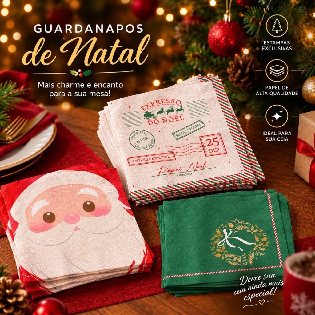 Guardanapo Papel Natalino Descartável - 32,5x32,5cm - 20 a 100 unidades - Mesa Posta Natal - Cromus | Rizzo