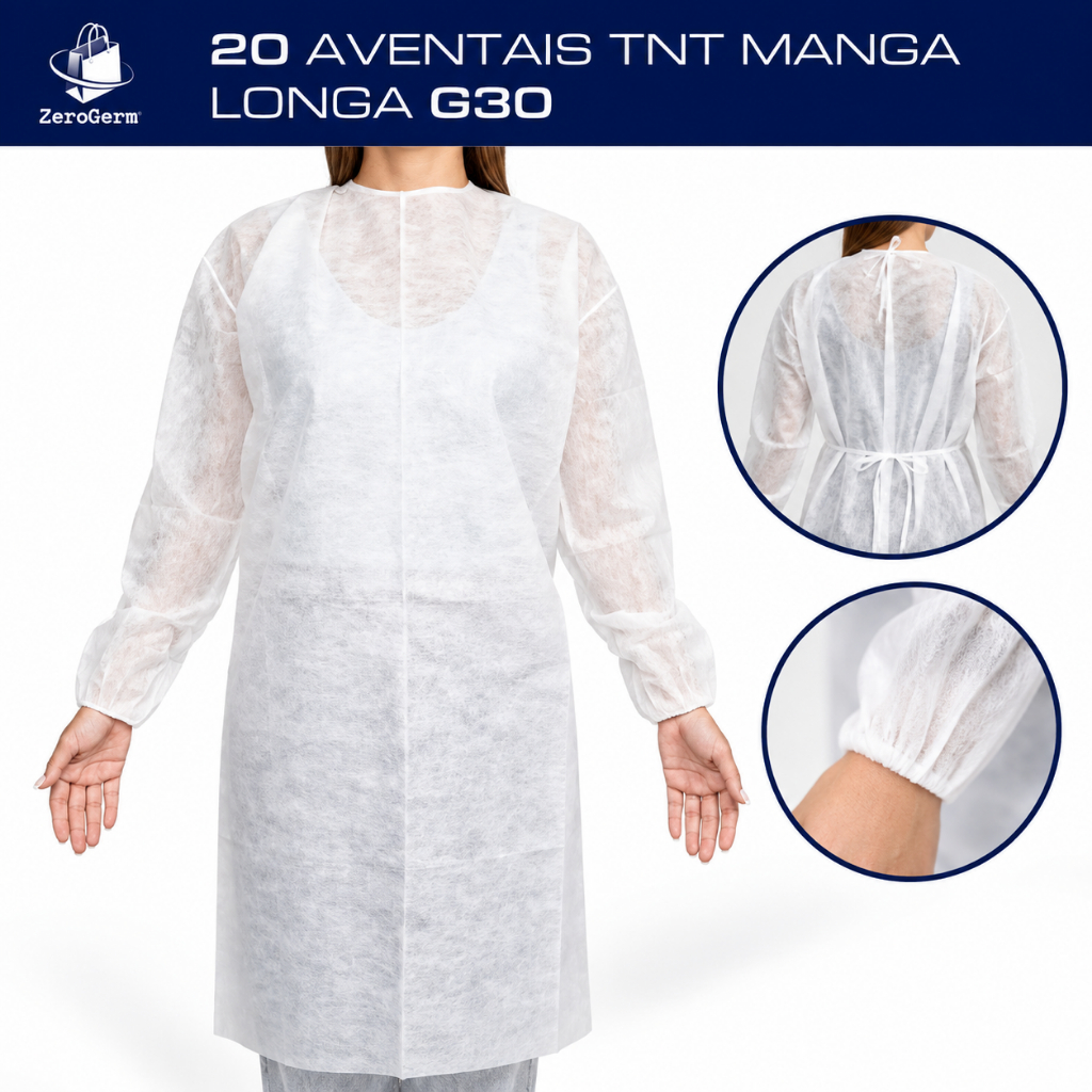 Aventais TNT Descartáveis G30 Kit 20 un Manga Longa