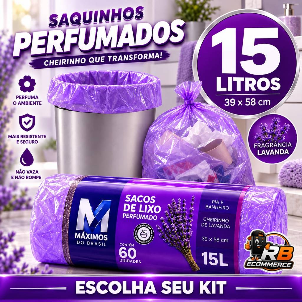 Saco de Lixo Lavanda 15 Litros Perfumado Cheiroso Resistente Anti Inseto Anti Odor