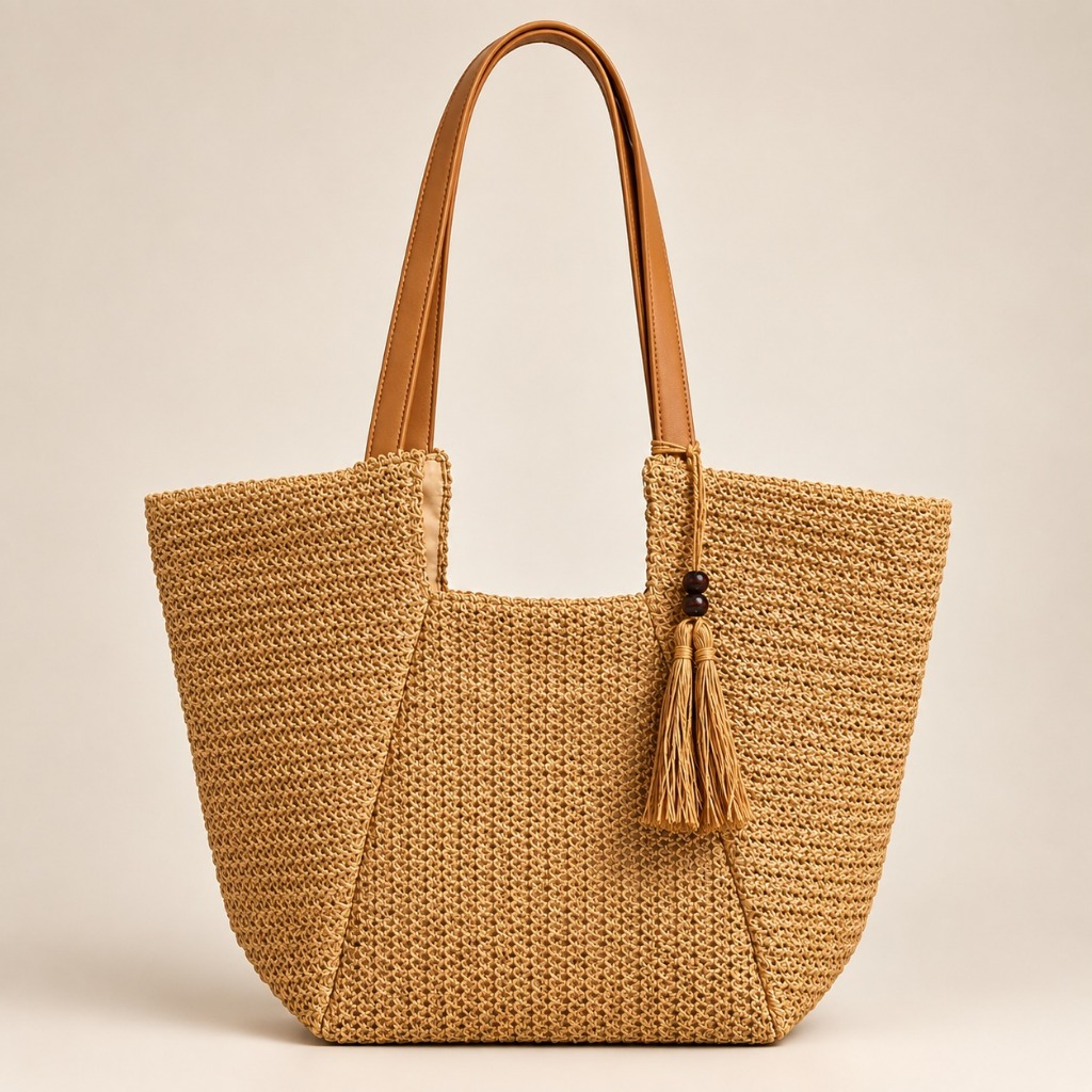 Bolsa Grande De Praia De Ombro Feminina Chaveiro Palha Sintética Verão