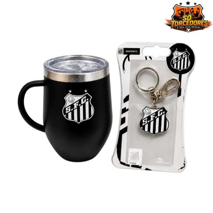 Kit Presente Santos Oficial Caneca Térmica Santos FC 350ml + Chaveiro Escudo Oficial Presente Torcedor