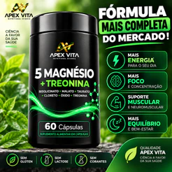 5 Magnésio + Treonina Apex Vita 60 Cápsulas Bisglicinato Malato Taurato Cloreto Óxido Energia Foco Disposição Equilíbrio