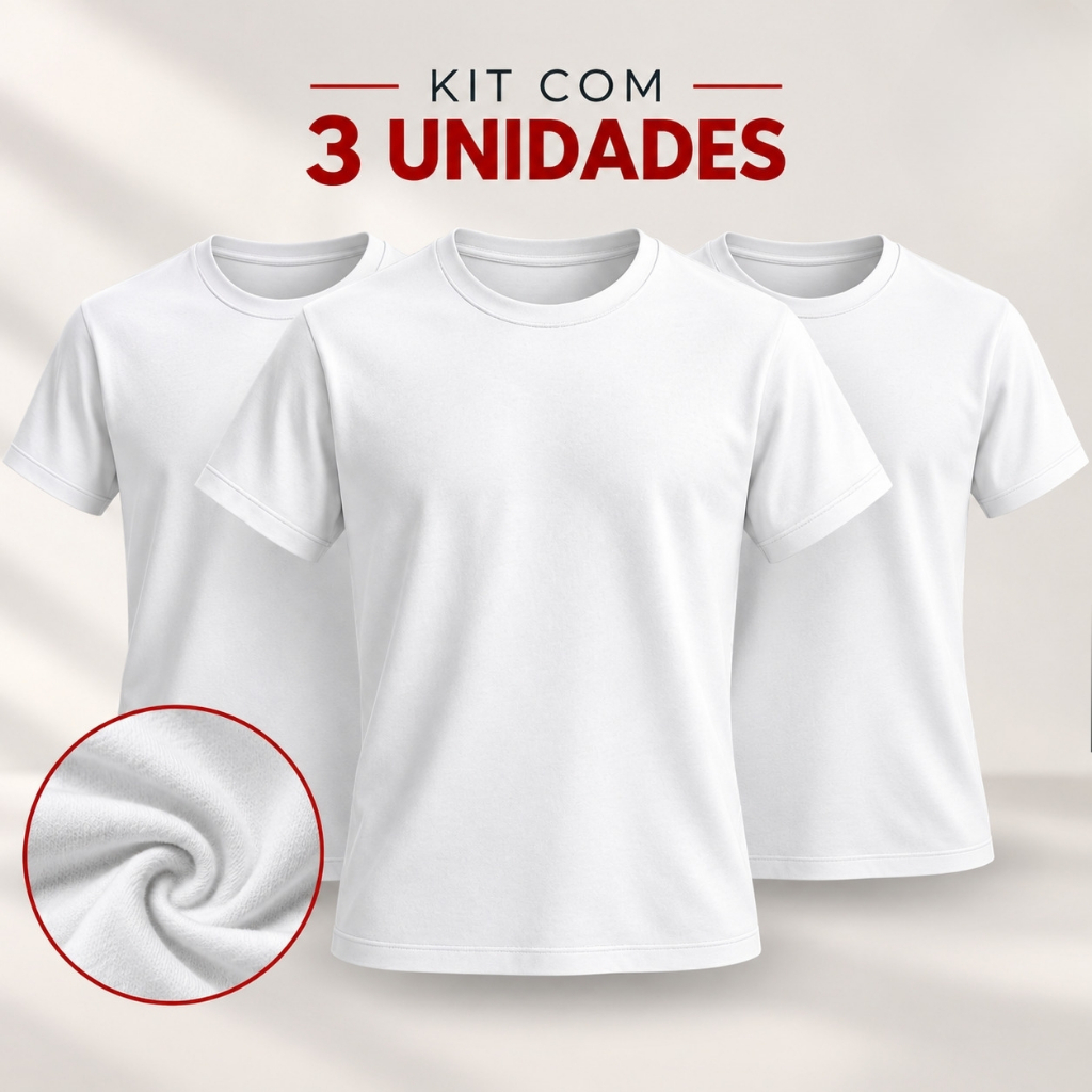 Kit 3 Camisetas Masculinas Brancas Básicas 100% Algodão Slim Gola Redonda Básica Casual