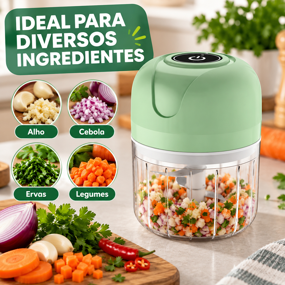 Processador Elétrico de Alimentos com Acionamento por Botão, Triturador Compacto para Alho, Cebola, Ervas e Legumes