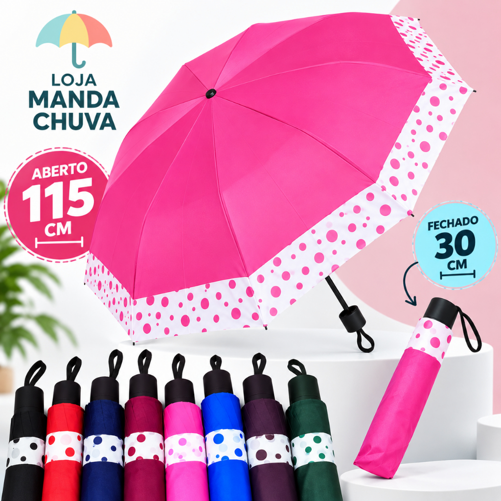 Guarda Chuva Sombrinha Grande Dobrável Reforçado Resistente Portátil Compacto Bolinhas Poá para Bolsa Feminino Masculino
