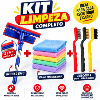 KIT Rodo Limpa Vidro Mágico 2 em 1 + 5 Pano Microfibra Limpa e Absorve + 3 Escova de Canto Multiuso