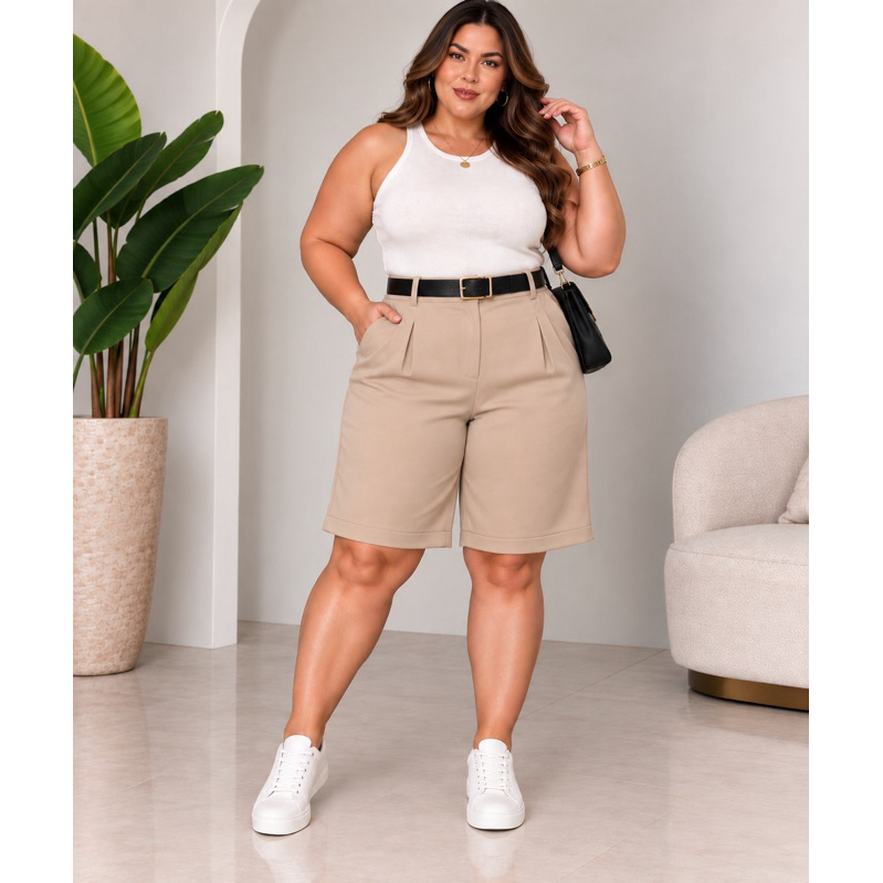 bermuda Feminino Plus Size com CINTO PRETO Estilo Social Elegante Com Elástico nas Costas