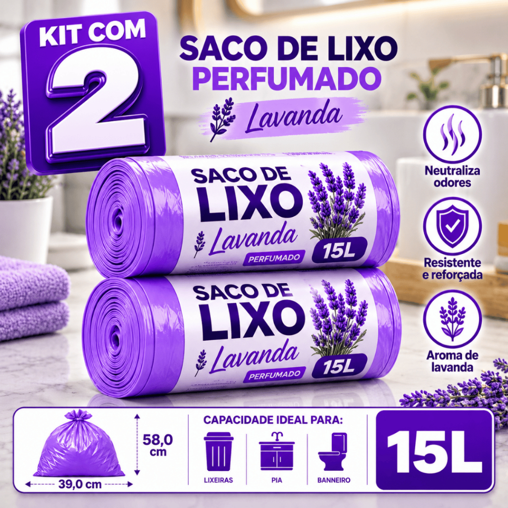 Kit 2 Rolos de Lixo 15L Lavanda Perfumado 120 Sacos Resistente Neutraliza Odores Mau Cheiro Roxo