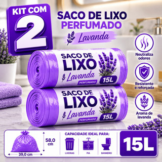 Kit 2 Rolos de Lixo 15L Lavanda Perfumado 120 Sacos Resistente Neutraliza Odores Mau Cheiro Roxo