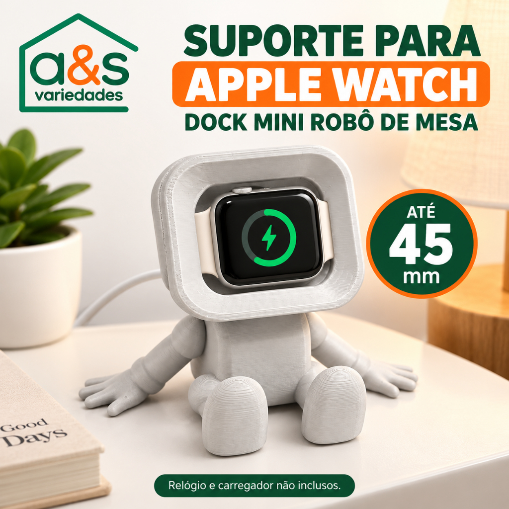Suporte para Carregador Apple Watch Até 45mm Dock Mini Robô de Mesa
