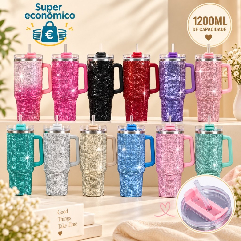 Copo Térmico com Strass 1200ml Inox Com Canudo e Alça Garrafa Térmica Brilhante