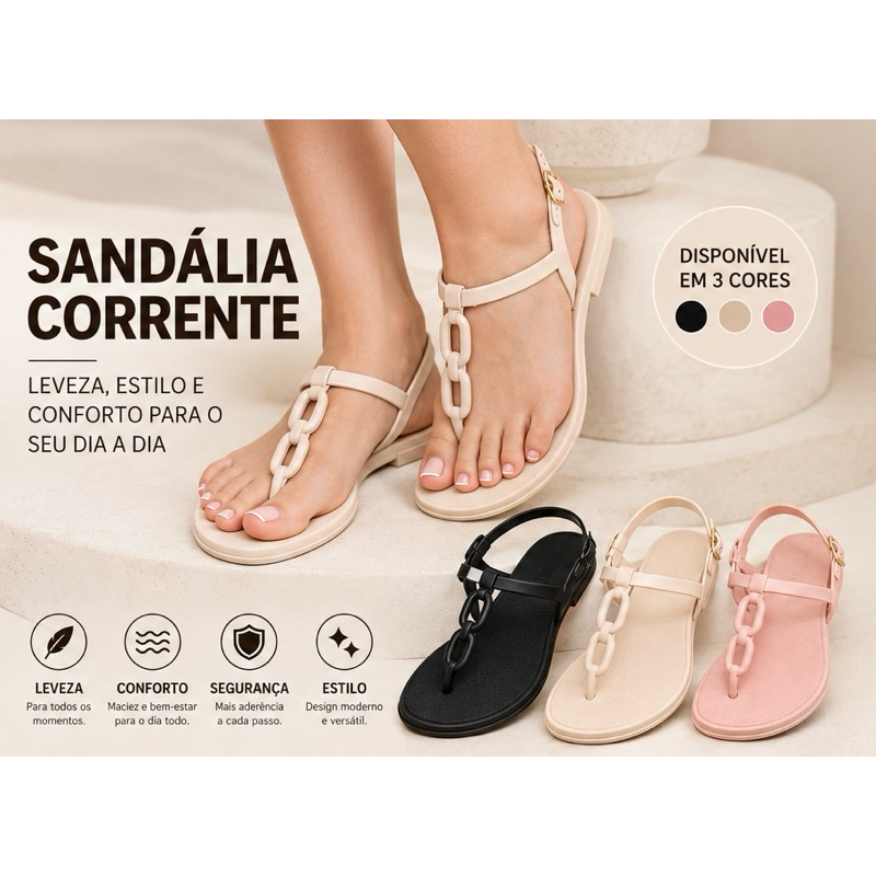 Sandália Feminina Rasteirinha Rasteira com Corrente Confortável Leve Casual Moderna