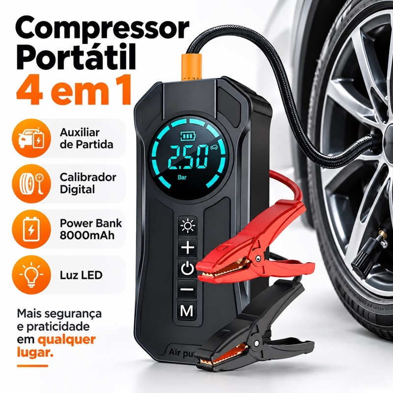 Compressor de Ar Portátil Digital 8000mAh Auxiliar de Partida Power Bank para Carro Moto Bike
