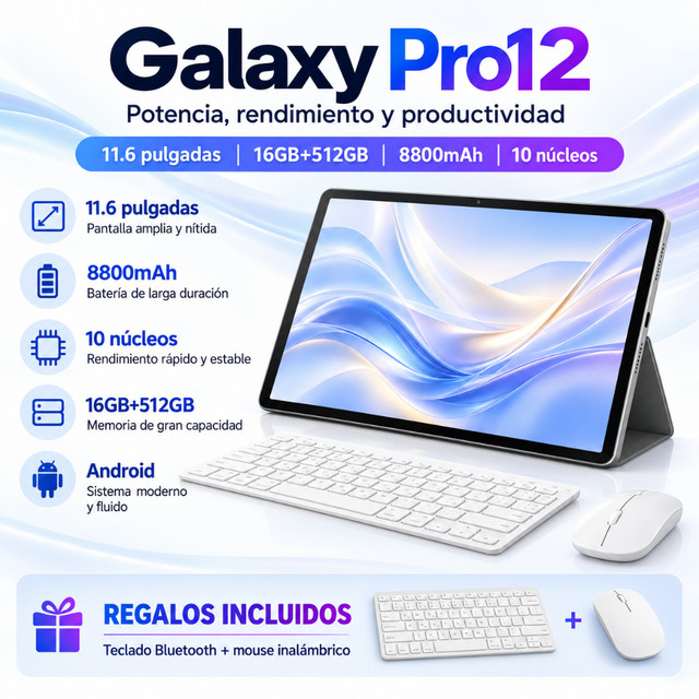Galaxy Pro12 Tablet | 16GB RAM 512GB | 11.6" HD Screen | 8800mAh | Android 15 | 5G | WIFI Free Keyboard and Mouse