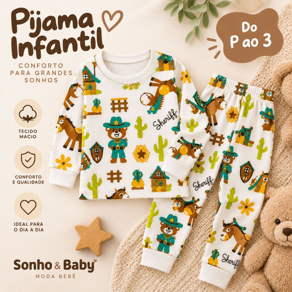 Pijama Infantil Manga Longa Menino Menina Estampado Confortável